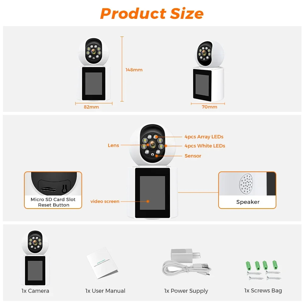 2MP интеллектуальная WiFi-камера для наблюдения за младенцами в помещении, 2,8-дюймовый экран, система безопасности с видеосвязью и разрешением 1080p