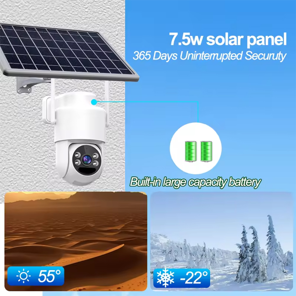 4-мегапиксельная беспроводная панорамная WiFi-камера для наружной установки с солнечной батареей, цветным ночным видением и PIR-сигнализацией