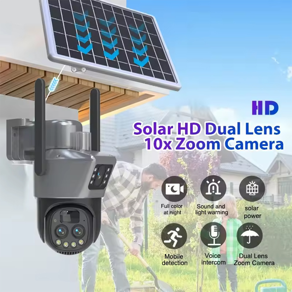 6-мегапиксельная наружная камера с двумя объективами, 360-градусным обзором, WiFi, датчиком движения, 8000 мАч, двумя панелями солнечных батарей и 4G-модулем для видеонаблюдения.