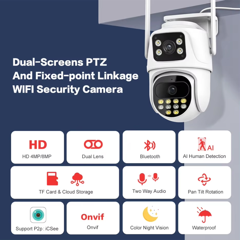 ICsee 6-мегапиксельная 9-мегапиксельная беспроводная PTZ сетевая камера видеонаблюдения с двумя объективами WiFi-мониторинг и отслеживание 6-мегапиксельная 4K IP-камера с двумя объективами