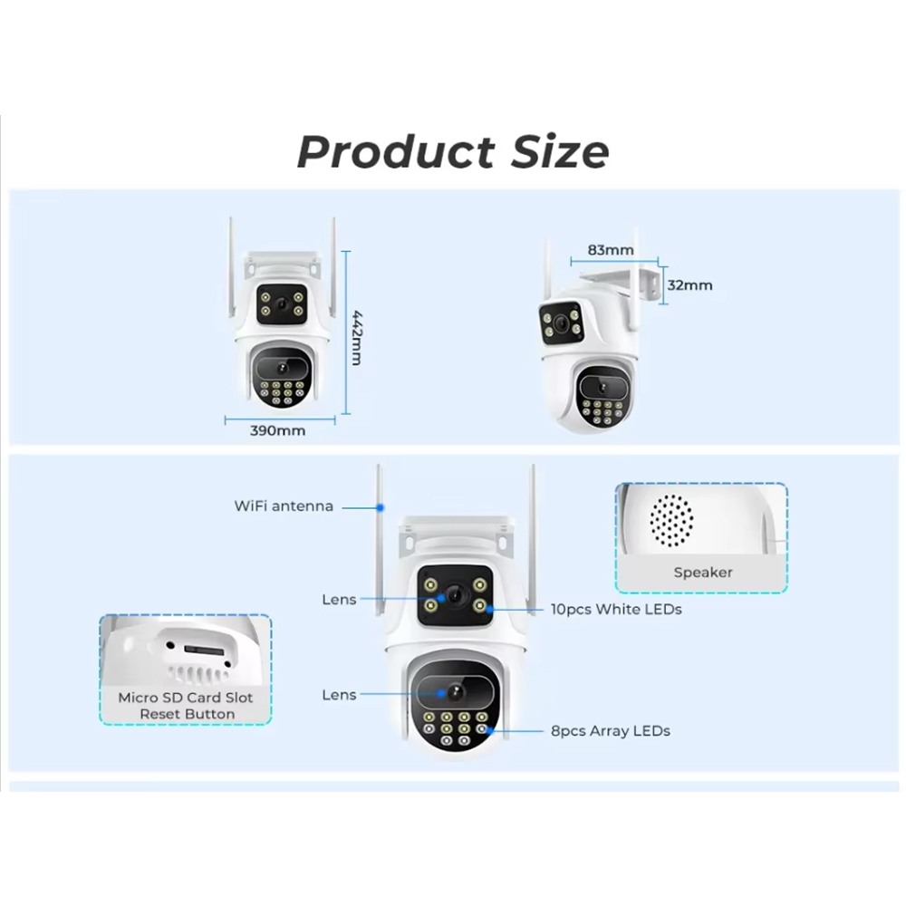 ICsee 6-мегапиксельная 9-мегапиксельная беспроводная PTZ сетевая камера видеонаблюдения с двумя объективами WiFi-мониторинг и отслеживание 6-мегапиксельная 4K IP-камера с двумя объективами