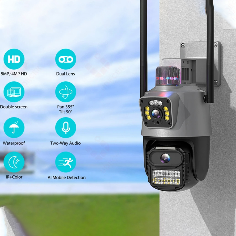 ICsee WiFi, карта памяти 128 ГБ, PTZ-камера безопасности, беспроводная камера видеонаблюдения с двумя объективами，9-мегапиксельная 6-мегапиксельная наружная сетевая камера с двумя объективами и WiFi,