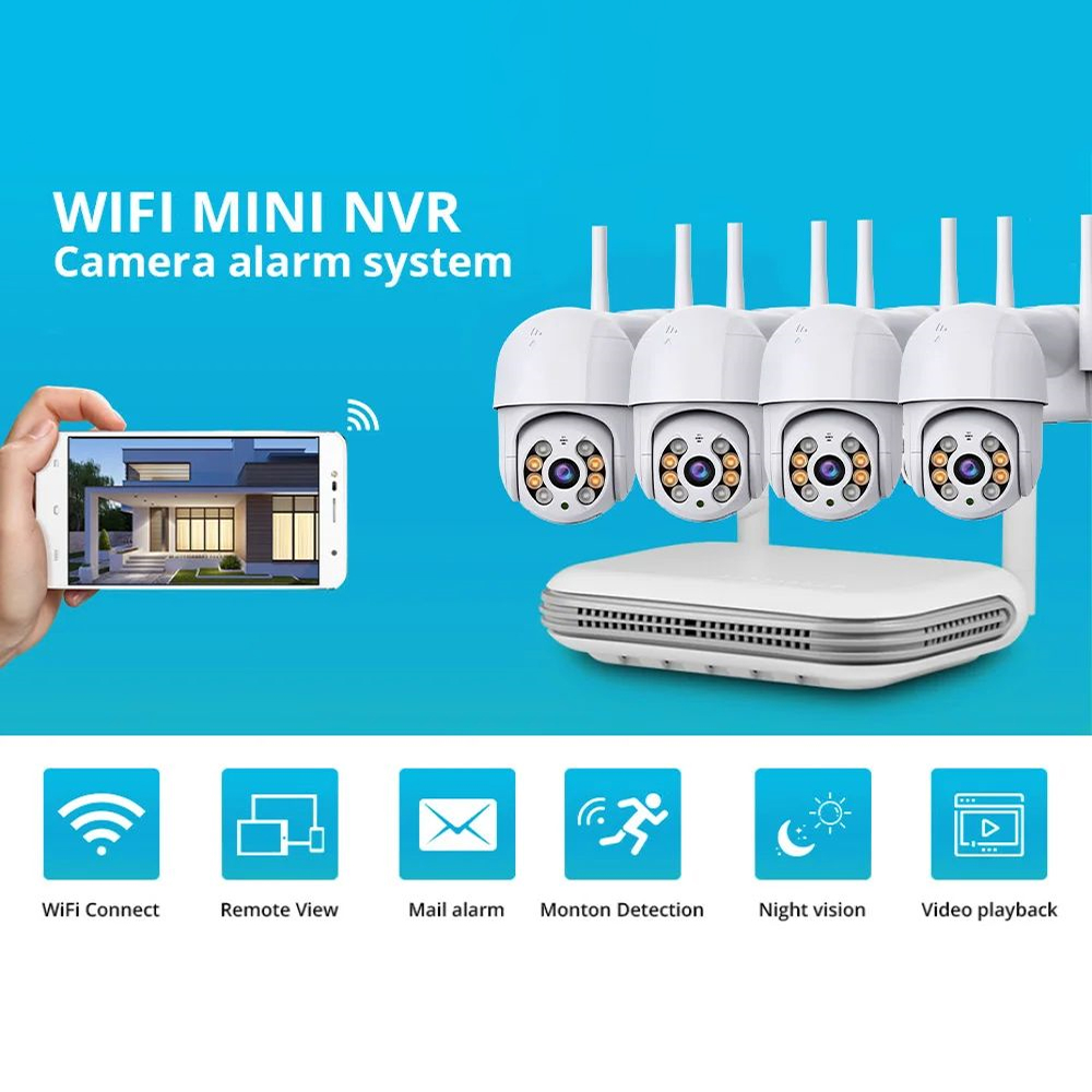 Icsee 4CH Наружная беспроводная система видеонаблюдения PTZ, 4-мегапиксельная камера, WiFi 3MP NVR, система двустороннего аудиомониторинга, комплект WiFi