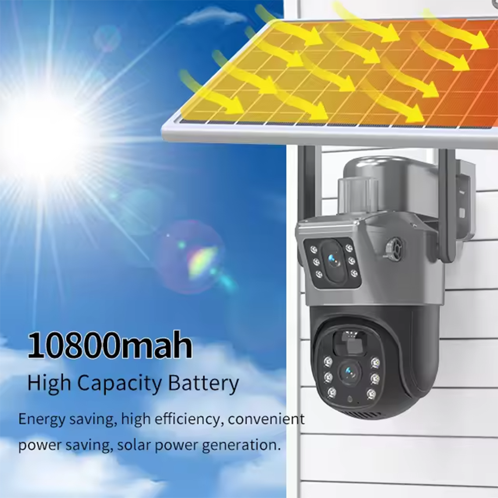 V380 4MP наружная беспроводная солнечная камера с двумя объективами PTZ, двусторонней аудиосвязью и питанием от WiFi 4MP камера безопасности с двумя объективами и питанием от солнечной батареи