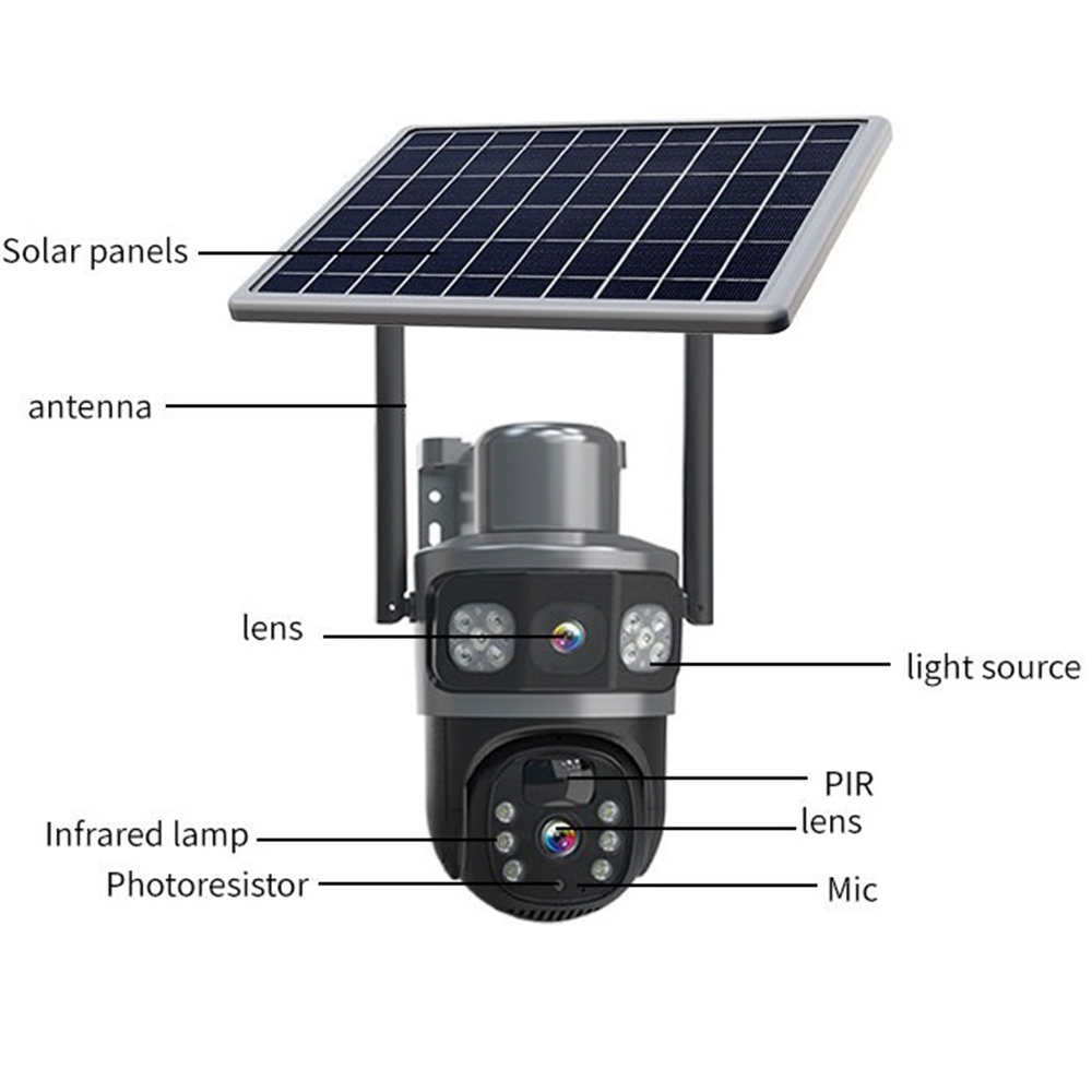 V380 Наружная 4G-камера с двумя объективами и солнечной батареей Двойная камера с совместным управлением 4G PTZ-камера с солнечной батареей Двойная камера 4G PTZ с солнечной батареей