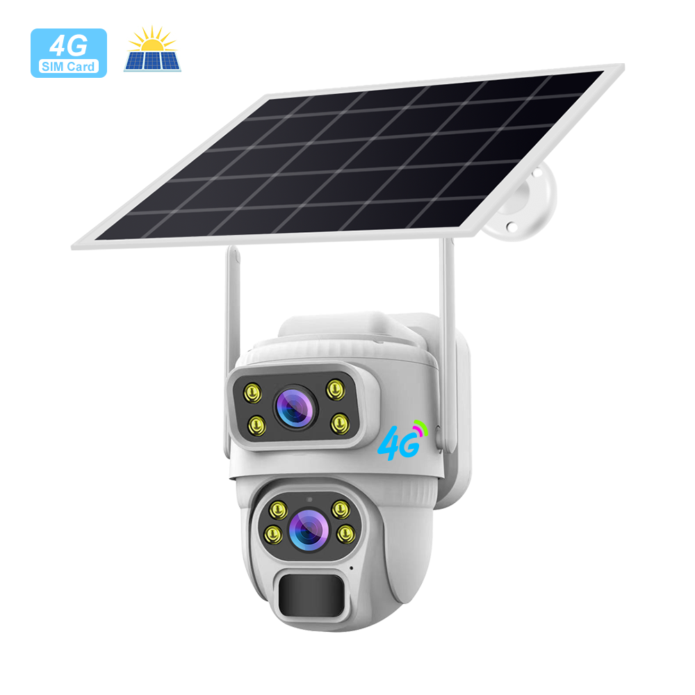 Новая модель V380 4MP 4G с двумя объективами, водонепроницаемая солнечная камера видеонаблюдения для наружной установки, со встроенным PTZ и микрофоном, подходит для использования в помещениях.