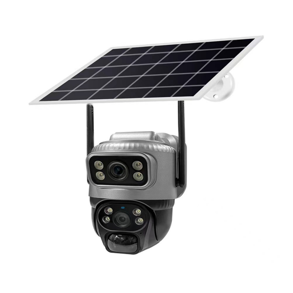 Новая модель V380 4MP 4G с двумя объективами, водонепроницаемая солнечная камера видеонаблюдения для наружной установки, со встроенным PTZ и микрофоном, подходит для использования в помещениях.
