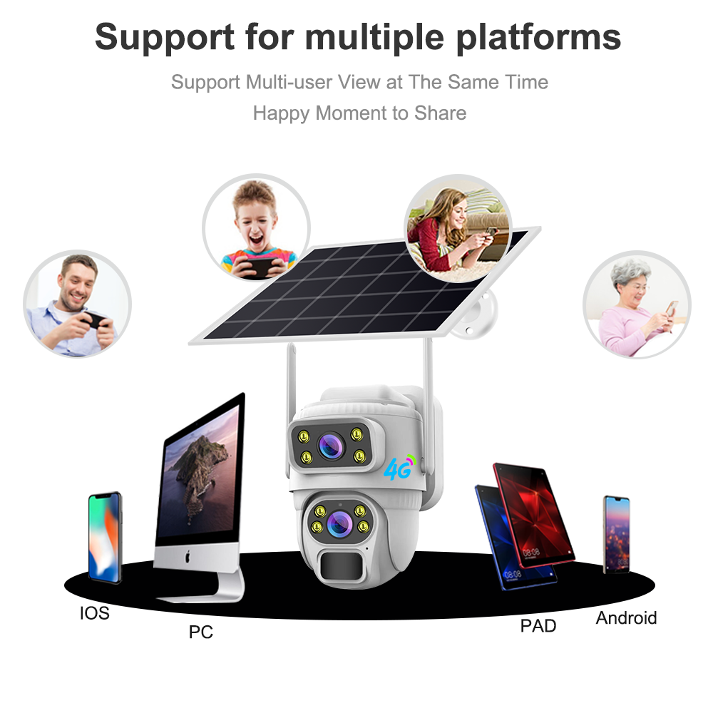 Новая модель V380 4MP 4G с двумя объективами, водонепроницаемая солнечная камера видеонаблюдения для наружной установки, со встроенным PTZ и микрофоном, подходит для использования в помещениях.